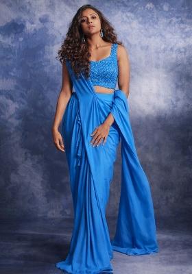 Blue Crepe Embroidered Handwork Pre Draped Saree Set