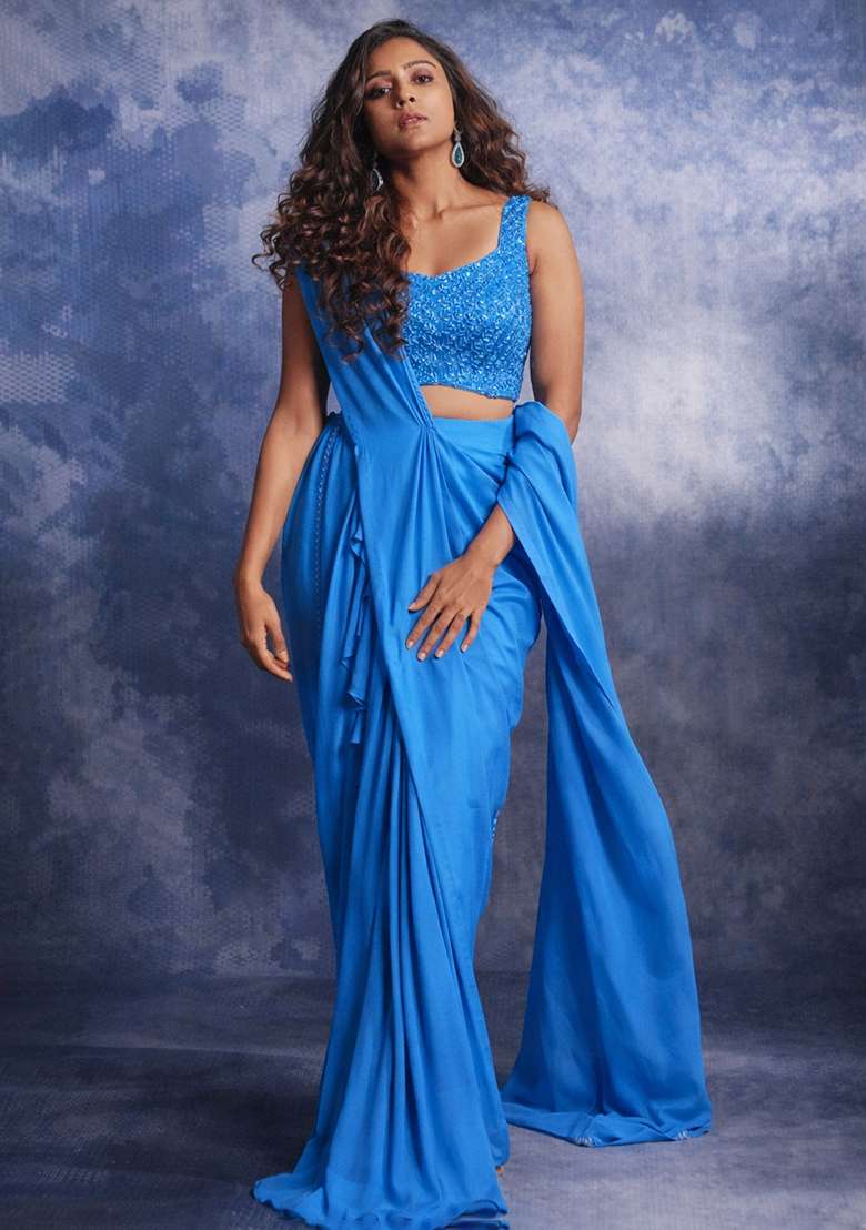 Blue Crepe Embroidered Handwork Pre Draped Saree Set - Indya