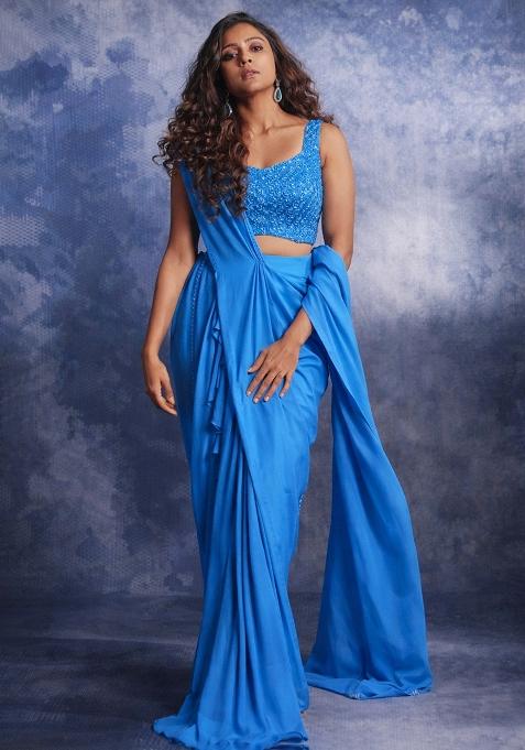 Blue Crepe Embroidered Handwork Pre Draped Saree Set