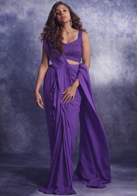 Purple Crepe Embroidered Handwork Pre Draped Saree Set
