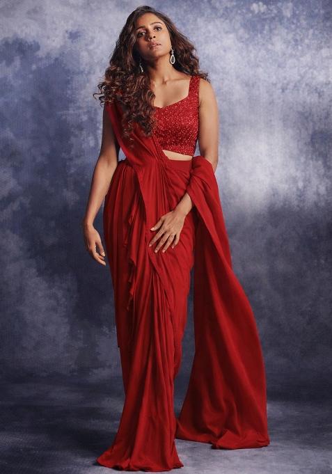 Red Crepe Embroidered Handwork Pre Draped Saree Set