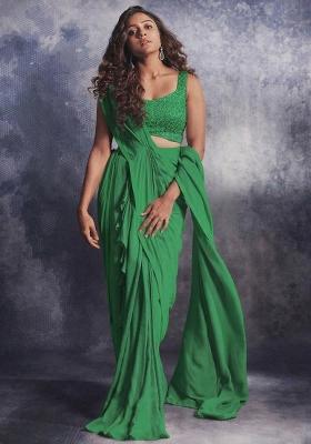 Kelly Green Crepe Embroidered Handwork Pre Draped Saree Set