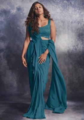 Saxony Blue Crepe Embroidered Handwork Pre Draped Saree Set