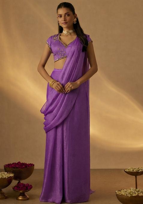 Orchid Purple Chinon Embellished Handwork Pre Draped Saree Set