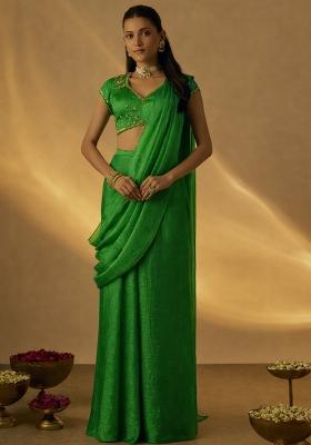 Green Chinon Embellished Handwork Pre Draped Saree Set