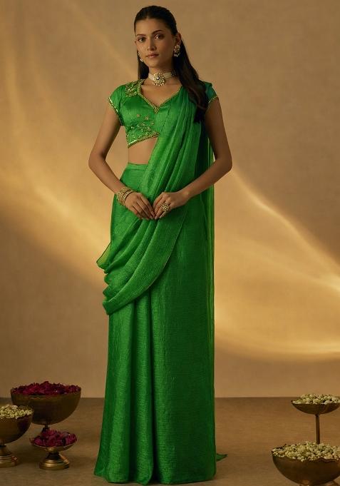 Green Chinon Embellished Handwork Pre Draped Saree Set