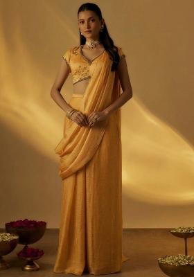 Yellow Chinon Embellished Handwork Pre Draped Saree Set