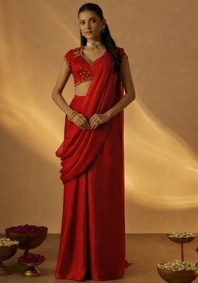 Pink Chinon Embellished Handwork Pre Draped Saree Set