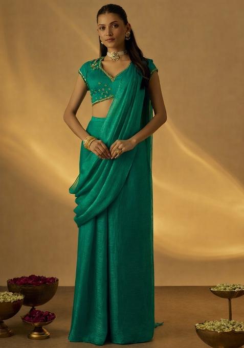 Slush Blue Chinon Embellished Handwork Pre Draped Saree Set