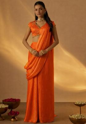 Vermillion Orange Chinon Embellished Handwork Pre Draped Saree Set