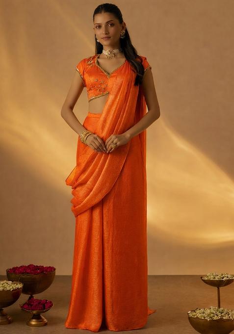 Vermillion Orange Chinon Embellished Handwork Pre Draped Saree Set