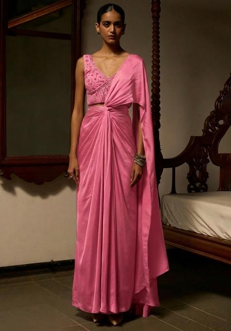Pink Satin Embellished Handwork Pre Draped Saree Set