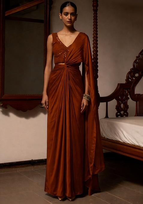 Caramel Brown Satin Embellished Handwork Pre Draped Saree Set