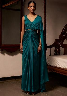 Peacock Blue Satin Embellished Handwork Pre Draped Saree Set