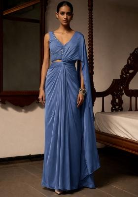 Faded Blue Satin Embellished Handwork Pre Draped Saree Set