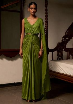 Moss Green Satin Embellished Handwork Pre Draped Saree Set