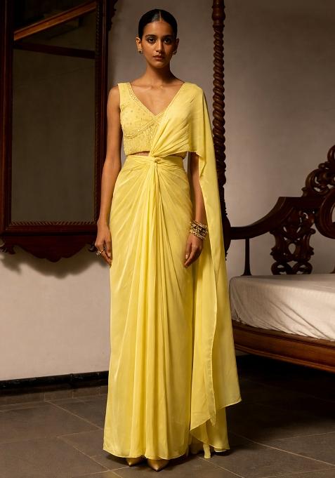 Iris Yellow Satin Embellished Handwork Pre Draped Saree Set