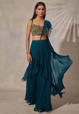 Teal Blue Georgette Embroidered Handwork Fusion Set