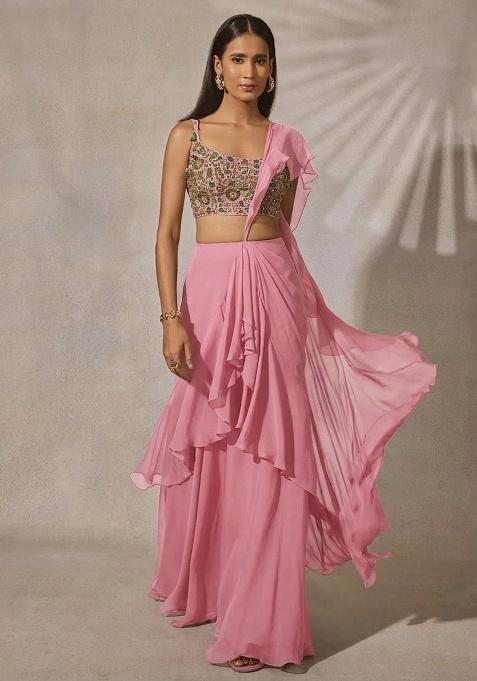 Pink Georgette Embroidered Handwork Fusion Set