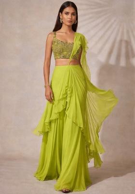 Leaf Green Georgette Embroidered Handwork Fusion Set