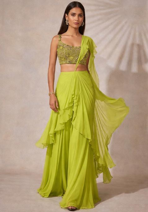 Leaf Green Georgette Embroidered Handwork Fusion Set