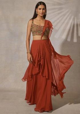 Red Georgette Embroidered Handwork Fusion Set