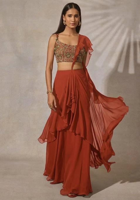 Red Georgette Embroidered Handwork Fusion Set