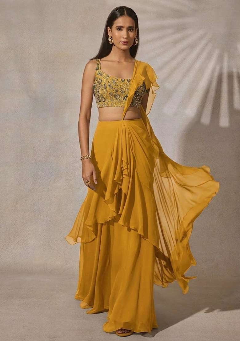 Yellow Georgette Embroidered Handwork Fusion Set - Indya