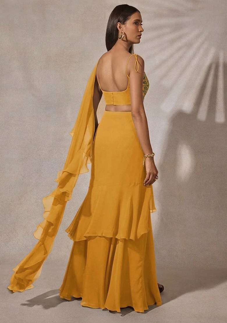 Yellow Georgette Embroidered Handwork Fusion Set - Indya