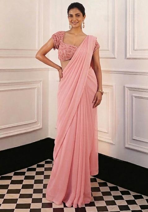 Light Pink Georgette Embroidered Handwork Pre Draped Saree Set