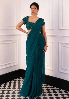 Deep Teal Georgette Embroidered Handwork Pre Draped Saree Set