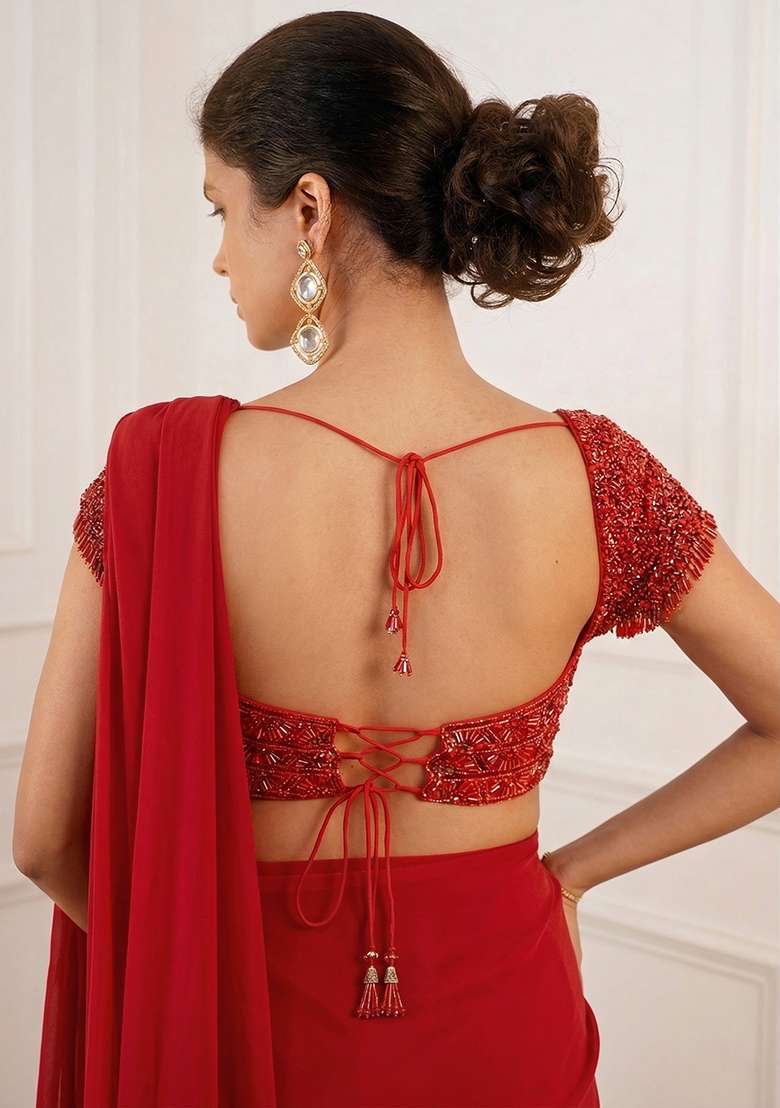 Scarlet Red Georgette Embroidered Handwork Pre Draped Saree Set - Indya
