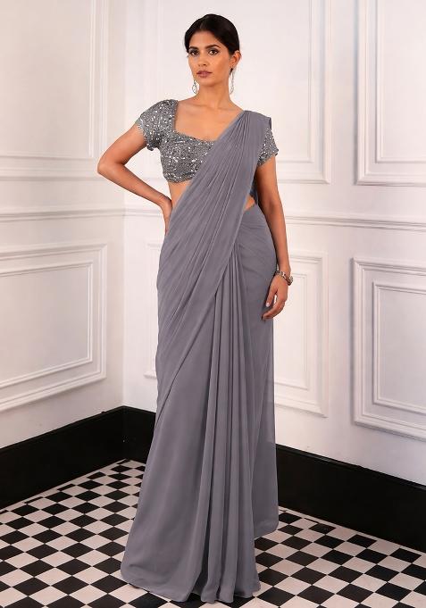 Ash Grey Georgette Embroidered Handwork Pre Draped Saree Set
