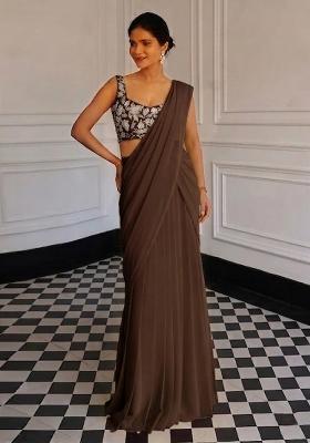 Dark Brown Chinon Embroidered Handwork Pre Draped Saree Set
