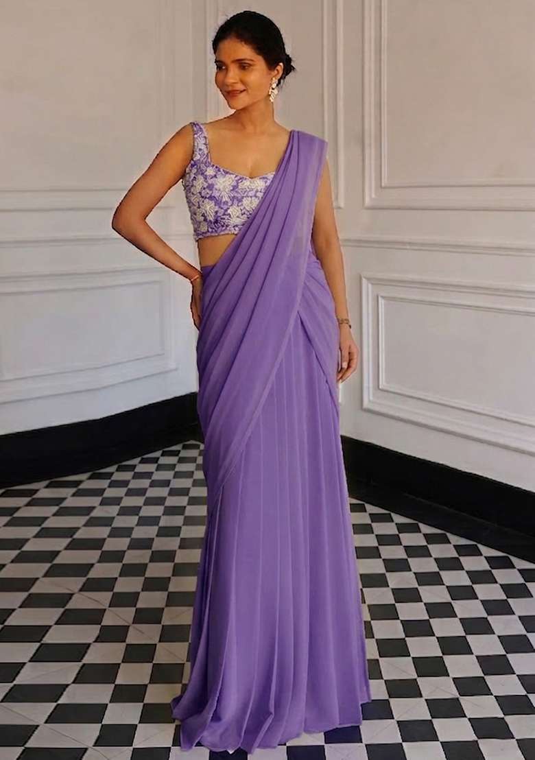 Lilac Pink Chinon Embroidered Handwork Pre Draped Saree Set - Indya