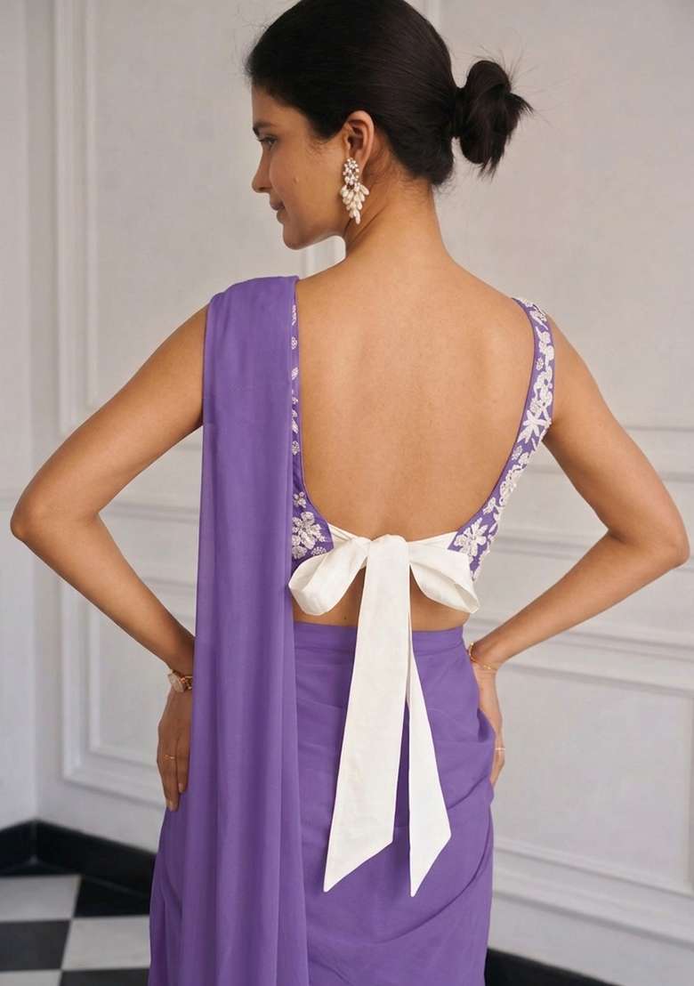 Lilac Pink Chinon Embroidered Handwork Pre Draped Saree Set - Indya