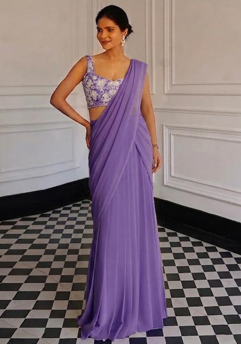 Lilac Pink Chinon Embroidered Handwork Pre Draped Saree Set
