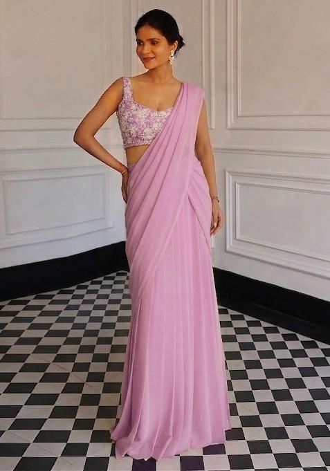 Pastel Pink Chinon Embroidered Handwork Pre Draped Saree Set