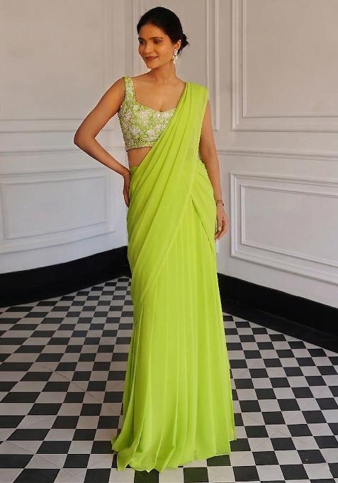 Lime Green Chinon Embroidered Handwork Pre Draped Saree Set