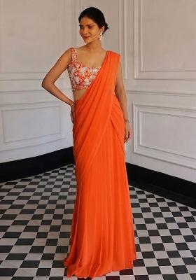 Peach Nude Chinon Embroidered Handwork Pre Draped Saree Set