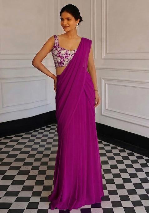 Vivid Purple Chinon Embroidered Handwork Pre Draped Saree Set