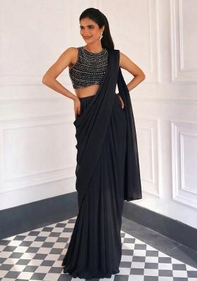 Jet Black Georgette Embellished Handwork Pre Draped Saree Set