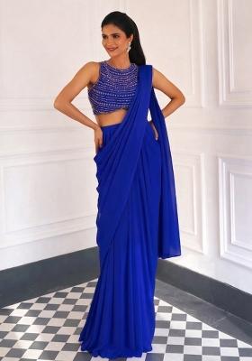 Royal Blue Georgette Embellished Handwork Pre Draped Saree Set