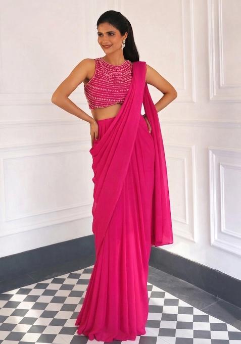 Hot Pink Georgette Embellished Handwork Pre Draped Saree Set