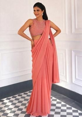 Peach Georgette Embellished Handwork Pre Draped Saree Set