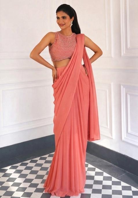 Peach Georgette Embellished Handwork Pre Draped Saree Set