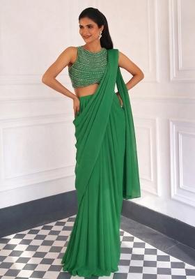 Neon Green Georgette Embellished Handwork Pre Draped Saree Set