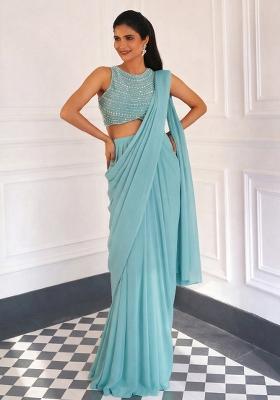 Stone Grey Georgette Embellished Handwork Pre Draped Saree Set