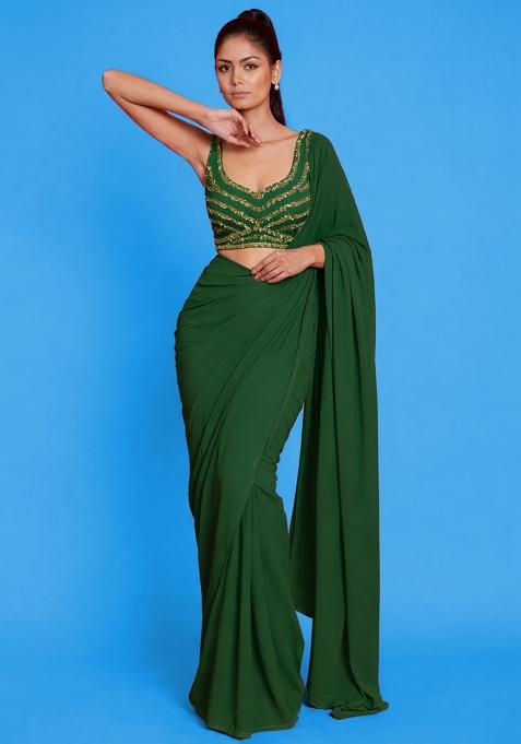 Forest Green Crepe Embroidered Handwork Pre Draped Saree Set