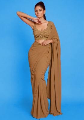 Olive Brown Crepe Embroidered Handwork Pre Draped Saree Set